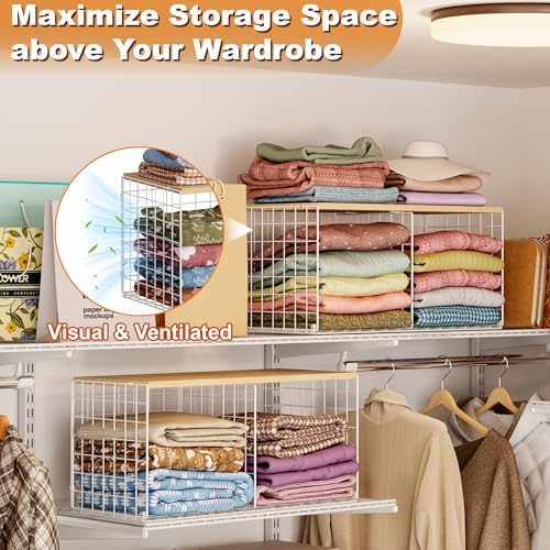 Stackable Closet Organizers with Wood Top - 2 Pack, Space-Saving Shelf Bins