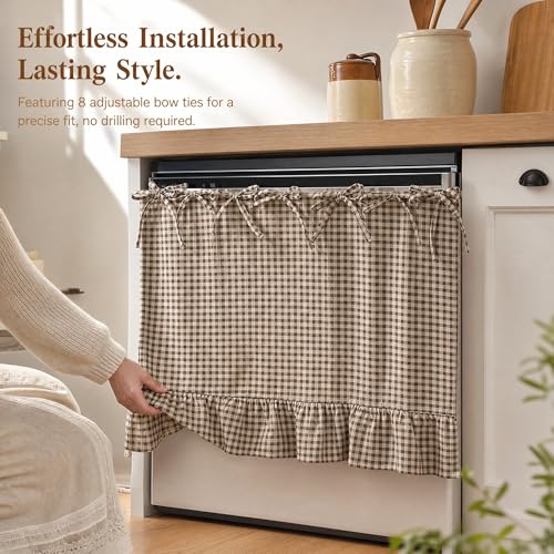 Oven Skirt for Kitchen Decor - Brown White Cotton Linen Stove Cover with Ruffle Trim, Handmade