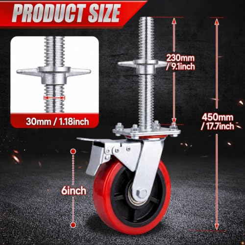 4 Pack 6 Inch Heavy-Duty Adjustable Scaffolding Caster Wheels with Brakes