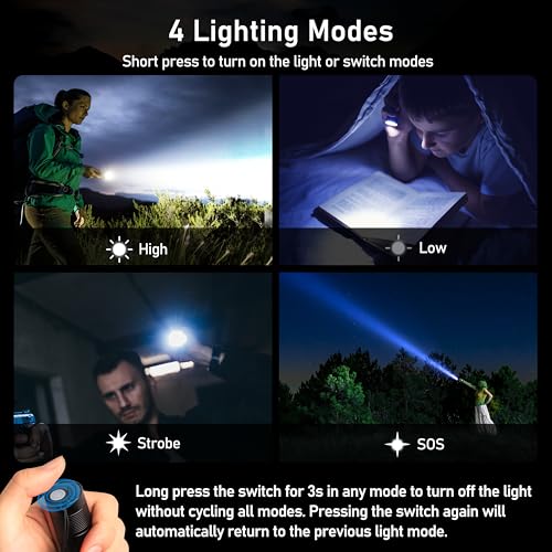 Blukar Rechargeable LED Flashlight - Black, Adjustable Focus, 4 Modes, USB-C