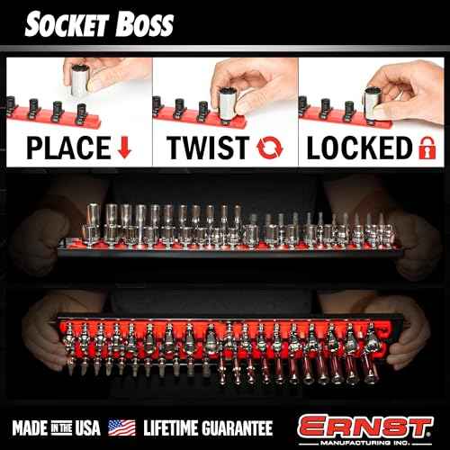 Ernst Manufacturing 18-Inch Socket Boss - Premium 3-Rail Multi-Drive (1/4", 3/8", 1/2") Socket Organizers w Twist Lock Clips, Socket Set Holder for 57 Tools - SAE & Metric - Red (8450) - Made in USA