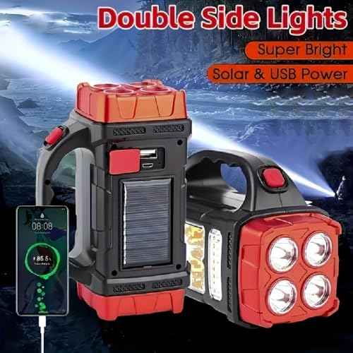 High Lumens Solar Flashlight - LED Work Light with USB-C Rechargeable, Waterproof, Multi-Function Flashlight & Lantern for Camping, Emergencies, and Outdoor(RED)