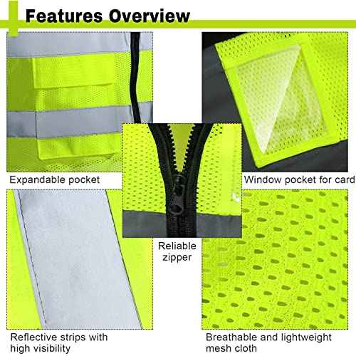 JaGely 12 Pack Reflective Safety Vests with Pockets, High Visibility Mesh Construction Vest for Men Women, Neon Yellow, Size L