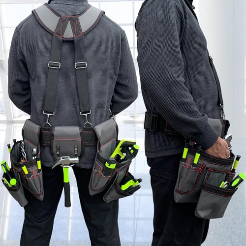 Tool Belt for Men, 32 to 66 Inches Adjustable Waist, Tool Belt with Suspenders for Electricians, Carpenters, Construction Workers and Gardeners, Grey and Red