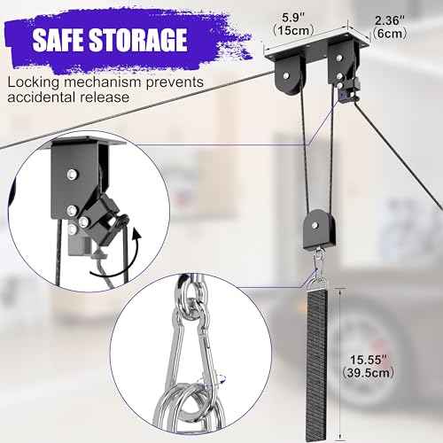 Bike Hoist, Heavy Duty Ebike Lift Pulley System for Garage Ceiling Overhead Storage for Bicycle, Ladders, Snowboard, Holds Up to 85 lbs Capacity, Fit 10-16 Foot High Ceilings