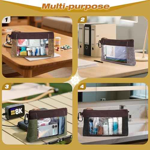 4 Pack Heavy Duty Tool Pouch with Carabiner, 12¡± Canvas Tool Pouch Bag with Clear Window (4 Colors: Black, Gray, Green, Khaki)