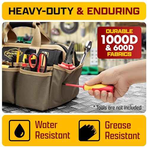 The Ryker Heavy Duty Tool Bags for Men/Women. 14 Inch Small Wide Mouth Mechanic/plumber/Contractor/Electrician Tool Bag Organizer 22Pockets Soft Portable Tools Bags Organizer Toolbag for plumbing