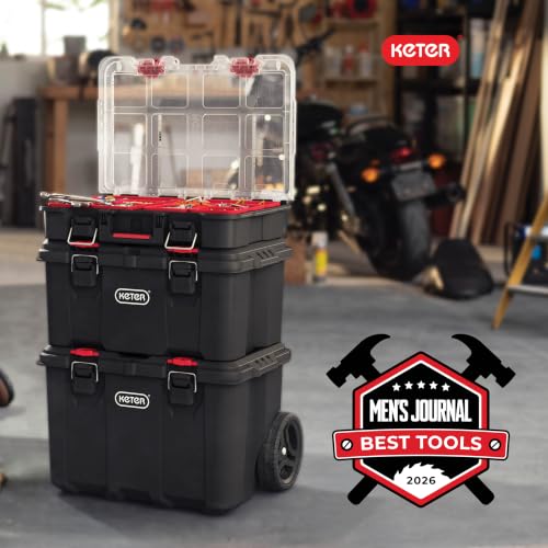 Keter Stack N Roll Modular Tool Box System 3-Piece Black/Red, Mobile Storage