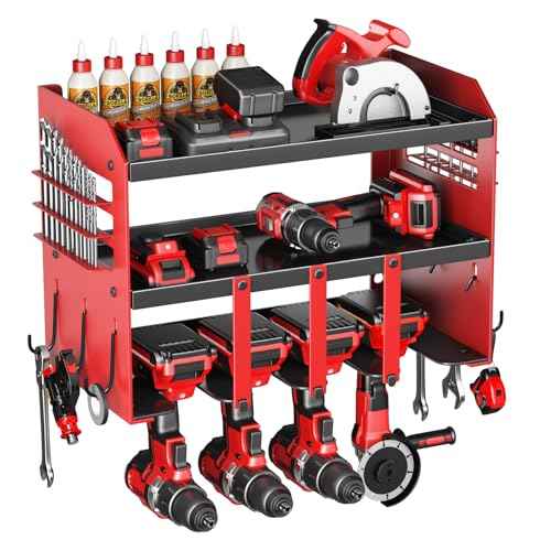 Power Tool Organizer Wall Mount - 120Lbs Load 3 Layers Storage Rack 4 Drill Holders for Drills Cordless Heavy Duty lron Garage Tool Organizer Storage - Workshop Shed Pegboard Basement, Gifts for Men