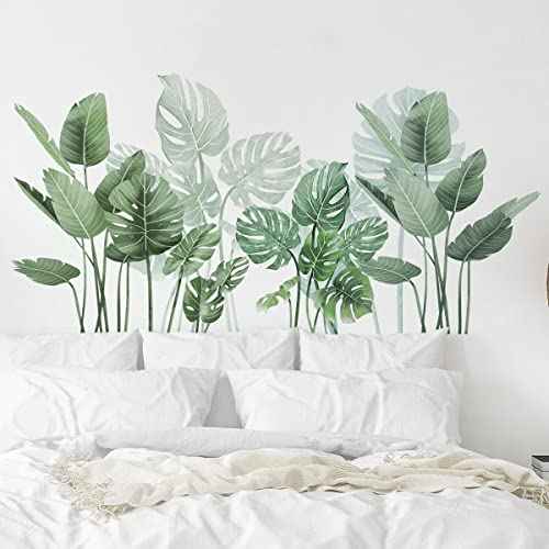 Tropical Plant Wall Decals, Potted Plants Leaf Wall Stickers Vinyl Peel and Stick Wallpaper for Bedroom Bathroom Nursery and Office