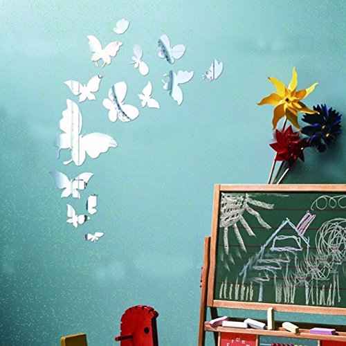 Set 14pcs DIY Butterfly Mirror Sticker, Beautiful 3D Butterfly Mirror Wall Decal&Murals DIY Home Decoration (Silver)