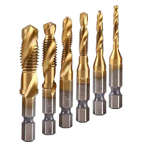 6Pcs Titanium Combination Drill and Tap Bit Set, Metric Drill Tap Bits Screw Tapping Bit Tool 1/4" Hex Shank 3 Functions in 1