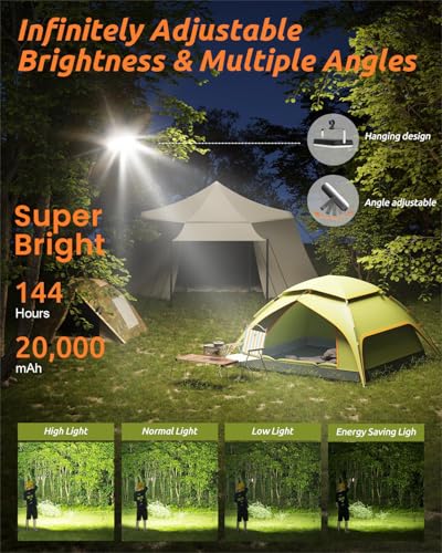 Eventek 20000mAh Rechargeable LED Work & Camping Light with Power Bank, 144H Runtime, 90° Rotatable Stand, Waterproof Floodlight for Emergency, Car, Home