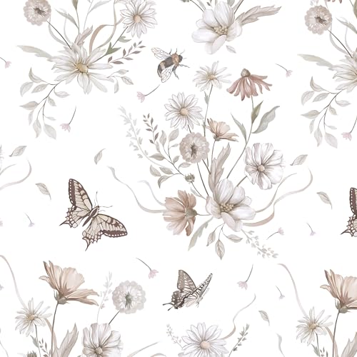 Vinjiasin Wallpaper Peel and Stick Floral Butterfly Contact Paper Vintage Flower Leaf Wall Paper for Bathroom Bedroom Self Adhesive Removable17.3 x 78.7"