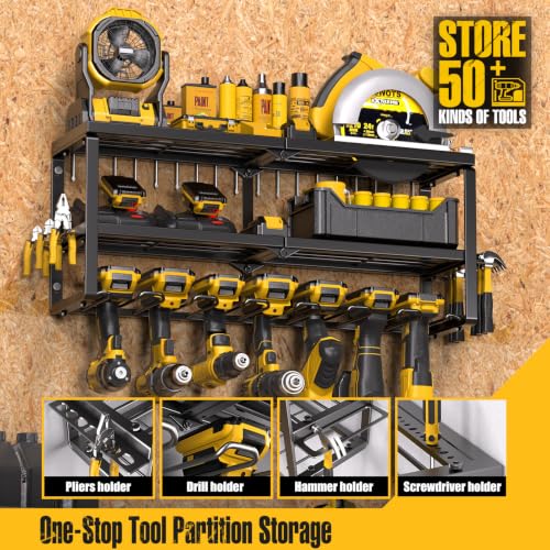 Spampur Power Tool Organizer Wall Mount with 3 Shelves & 7 Slots - Heavy Duty Metal Garage Storage Rack with Battery & Tool Holders