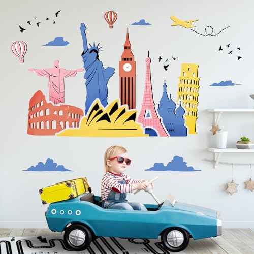 Yovkky World Famous Landmarks Buildings Wall Decals Stickers, Globe Travel Statue of Liberty Architecture Home Bedroom Decor, Airplane Hot Balloon Cloud Tourist Living Room Kitchen Decorations Art