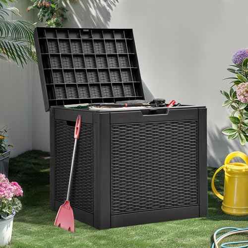 YITAHOME 32 Gallon Deck Box, Resin Storage with Lockable Lid & Side Handles, Indoor Outdoor Small Container for Patio Cushion, Garden Pool Accessories, Backyard Furniture, Water Resistant