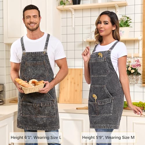 Denim Apron with Pockets, Cross Back Apron for Men Women, Jean Work Aprons for Hairstylist Barber Grilling Gardening, Adjustable S to L