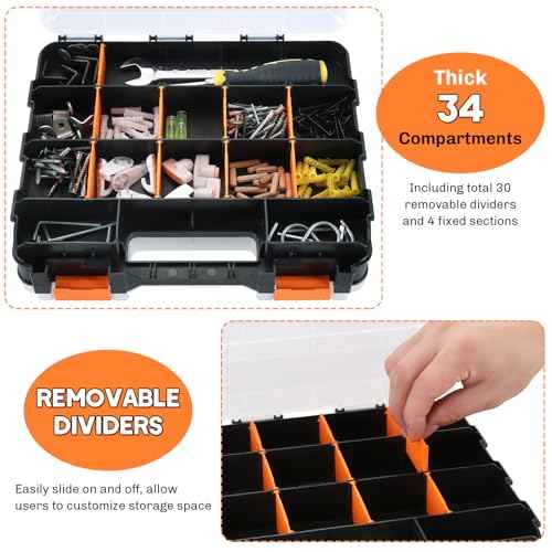 Small Parts Organizer 3 Pack | Storage Case Tools Box 34-Compartments Double Side Organizer Box with Removable Dividers for Small Hardware, Screws, Bolts, Nuts, Nails, Beads, Jewelry