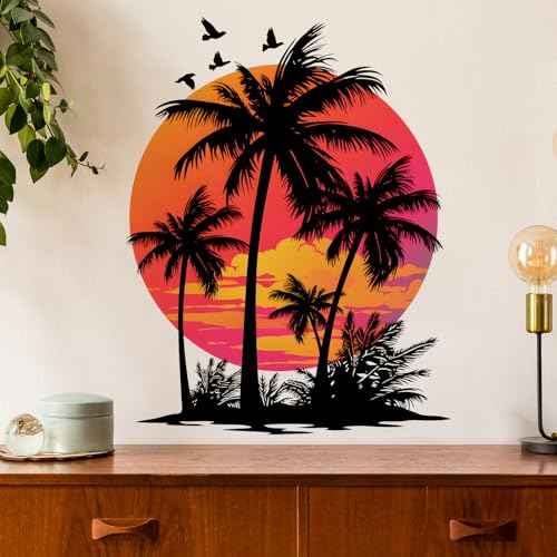 Tropical Sunset with Palm Trees and Birds Wall Stickers for Living Room Silhouette Plant Wall Decals Removable Peel and Stick Wall Art Home Decor Decoration for Bedroom Bathroom Library