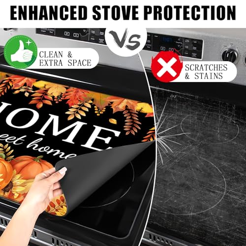 Fall Pumpkin Glass Stove Top Cover 28x20 | KAPLIPE Hello Fall Maple Leaves Black