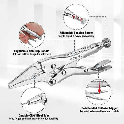 WORKPRO 4-1/2 inch Mini Long Nose Locking Pliers, Chromium-Vanadium Steel Locking Pliers, Locking Adjustable Vise Grips for Clamping Twisting Welding