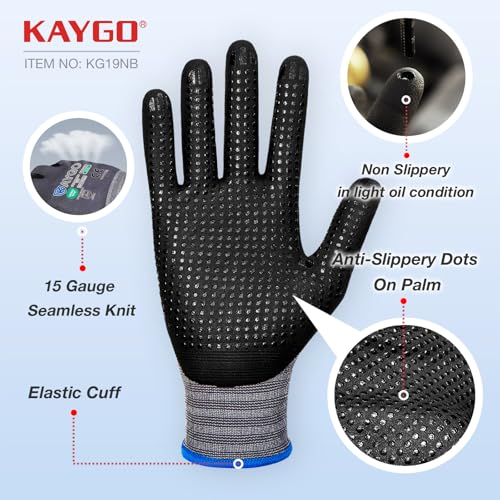 KAYGO MicroFoam Nitrile Coated Work Gloves, 12 Pairs KG19N Seamless Knit Nylon, Micro Dots for Enhanced Grip, Breathable and Durable, Ideal for Automotive, General Assembly, Painting, Gray, S