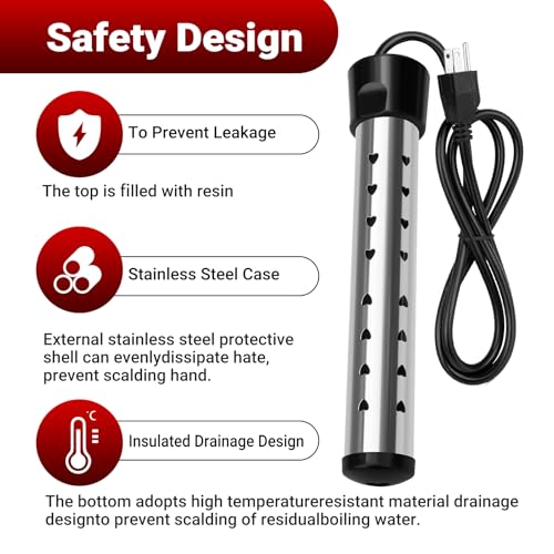 Eaakkoom 1500W Immersion Water Heater for Buckets & Small Pools - Rapid Heating, Anti-scalding Safety Guard, 5 Gallon Capacity