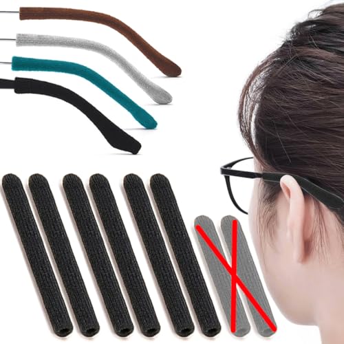 3 Pairs Extended Eye Glasses Ear Grippers, Upgrade Soft Knitting Cotton Arm Cushion for Glasses Behind Ear, Anti Slip Eye Glass Ear Grips, Non Slip Ear Pads, Eyeglasses Temple Tips for Pain (Black)