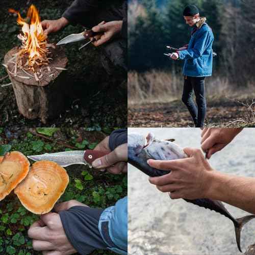 Damascus Pocket Knife, VG10 Damascus Steel Folding Knife with Wood Handle, Liner Lock, Leather Sheath, EDC Knife for Camping Outdoor Survival Hunting