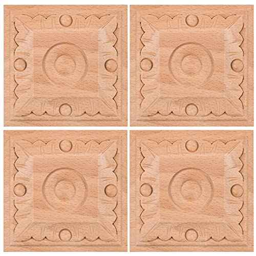 Decorative Wood Carved Applique for Cabinet Door Furniture and Home D?cor Wood Fence Post Caps Carving Decal Corner Craft Decal for Dresser Bed Door Cabinet Wardrobe Ceiling 4 * 4in, 4pcs