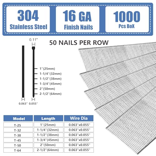SITLDY 1-1/2 Inch 1000-Pack Stainless Steel 16 Gauge Finish Nails - Durable Rust-Resistant Fasteners