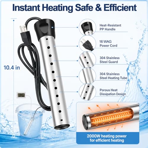 2000W Submersible Water Heater with Digital Thermometer & Stainless Steel Guard