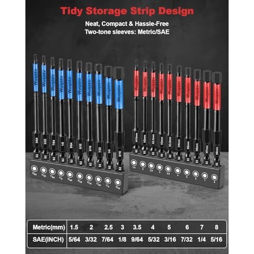 20PCS 4" Hex Bit Set (Metric & SAE), High-Torque Impact Allen Bits, Premium S2 Steel 1/4" Hex-Shank, Magnetic CNC Tips for Impact Drivers & Drills