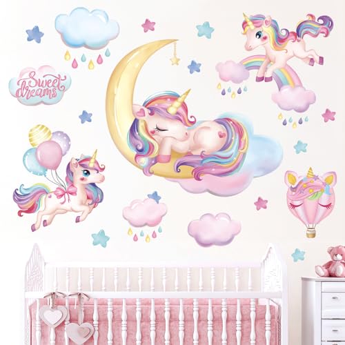 wondever Rainbow Unicorn Wall Stickers Sleeping Unicorn Balloons Sweet Dream Moon Wall Art Decals for Girls Room Baby Nursery Kids Bedroom
