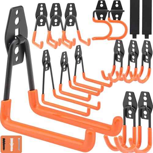 16 Pack Steel Wall Mount Garage Storage Hooks with Anti-Slip Coating, Heavy Duty, Hooks, for Hanging Bike, Ladder, Garden Tools