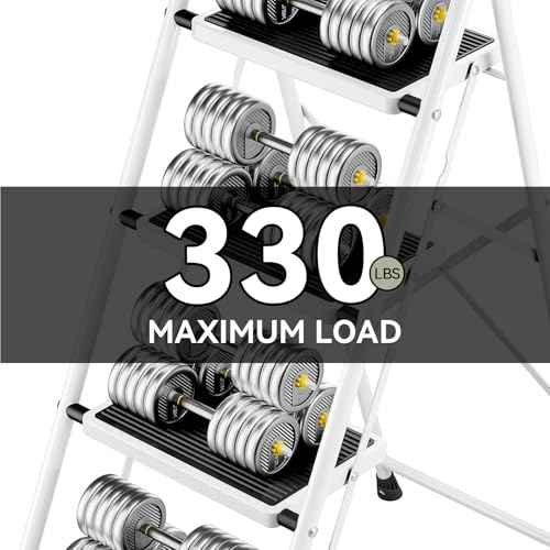 KINGRACK 4 Step Ladder, Folding Step Stool with Anti-Slip and Wide Pedal, Lightweight Stepladder with Handrails, Portable for Kitchen, Household, White