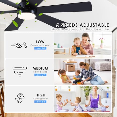 Asyko 46-Inch Black 6-Blade Modern Ceiling Fan with Light & Remote Control