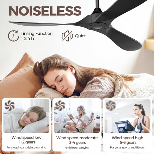 Obabala Black 52-inch Outdoor Ceiling Fan with Remote, 3 Blades, No Light, Reversible DC Motor