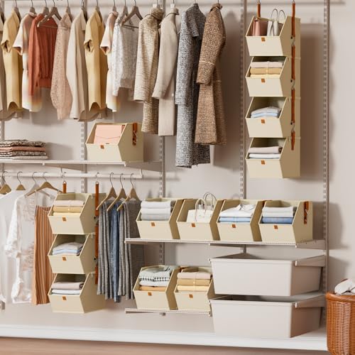Hanging Closet Organizer 4 Tier - Clothes Hanging Shelves, Space-Saving Closet System, Fabric Storage Bins Bedroom Organization, Collapsible Baskets for Home, Dorm, Rv, Beige