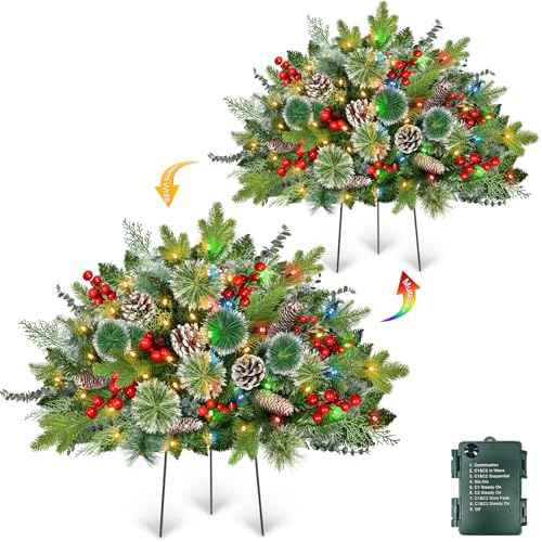2 Pack 24" Lighted Outdoor Christmas Tree Urn Fillers with Timer 8 Mode Warm & Colorful Light 6 Style Branches Eucalyptus Pinecones Red Berries Tripod Stake Light Up Planter Filler Porch Holiday Decor