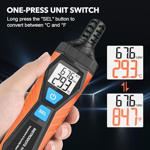 Instrodots TH10 Temperature Humidity Meter Orange – High-Precision Dual Display with Dew Point & Wet Bulb