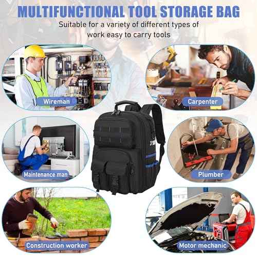 Tool Backpack, Heavy Duty Tool Bag with Padded Shoulder and Removable Tool Organizer, Water-Resistant Work Backpack, for Electrician, Plumber, HVAC, Cable Repairman, Black & Blue