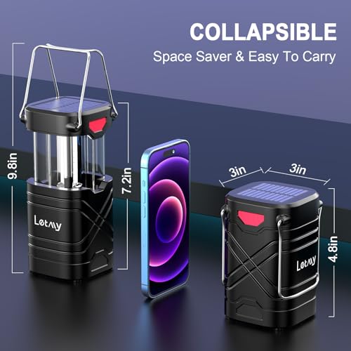 LETMY 4-Pack Camping Lanterns - Rechargeable Solar & USB Powered, Battery Backup, Waterproof, Emergency Outdoor Lights - Black