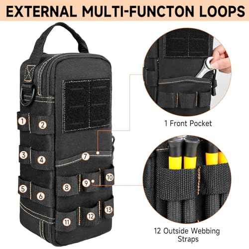 Heavy Duty Small Tool Bags for Men with Carabiner,Tactical Tool Pouch Bag,Portable Utility Tools Storage Organizer Case with Shoulder Strap for EDC,Motorcycle,Camping, Road Trip, Electricians,Black