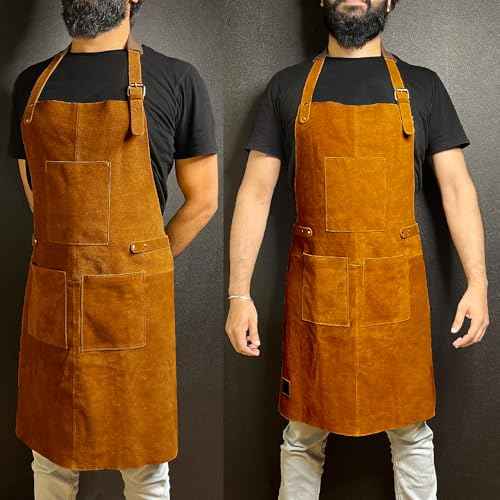 RUSTIC TOWN Leather Grill Work Apron with Tool Pockets ~ Adjustable up to XXL for Men & Women ~ Leather Tool Apron