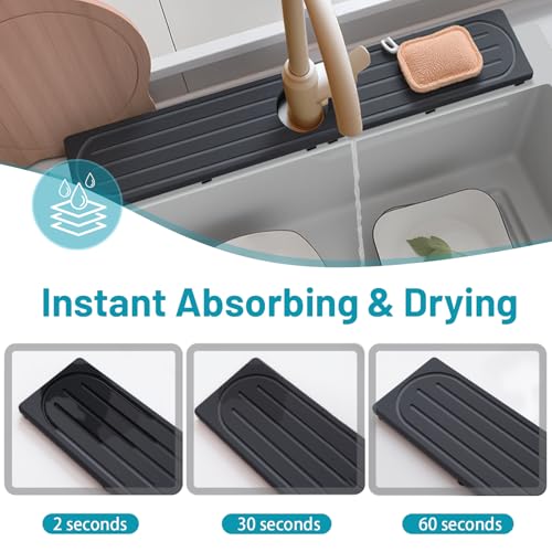 Lyxel 20x4 Inch Dark Gray Fast Drying Diatomite Stone Faucet Mat with Raised Feet