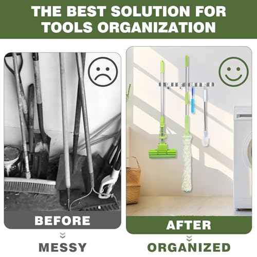 Broom Holder Wall Mount, Broom Organizer Wall Mount Stainless Steel Broom and Mop Hanger Heavy Duty Storage Organization for Home Kitchen Garden Garage Room 5 Racks 4 Hooks (1Pack)(Black Racks)