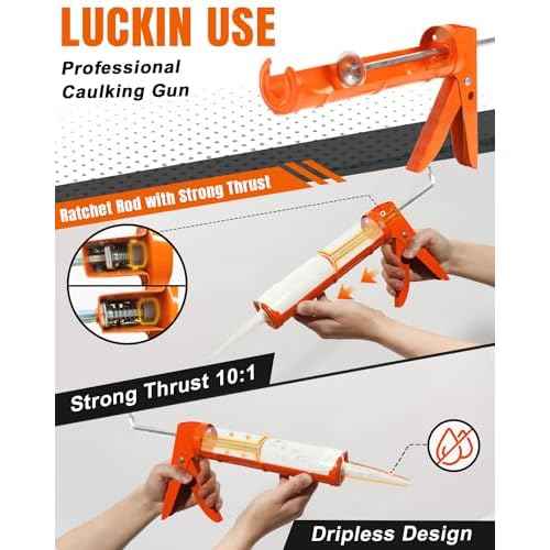 Holothurian Caulking Gun, Caulk Gun No Drip,Sealant Finishing Tool Grout Scraper for Kitchen Bathroom Window Sink Joint, 1/10 Gallon Cartridge, 10:1 Thrust Ratio, Orange