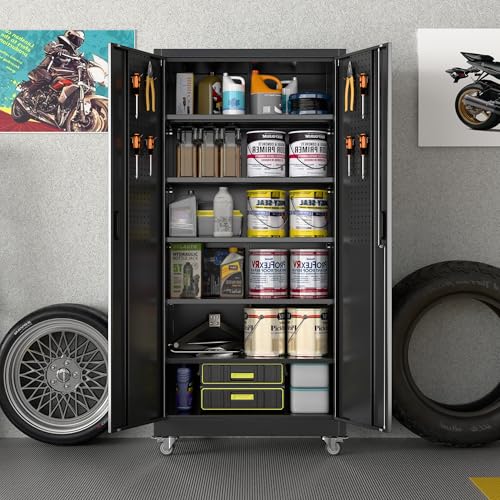 Metal Garage Storage Cabinet with Wheels & Pegboard Doors – 71in H x 34in W x 18in D, Black
